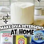 Homemade laundry detergent in a glass jar with cleaning supplies below.