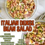 Colorful Italian bean salad with chickpeas, peppers, and salami in a glass bowl.