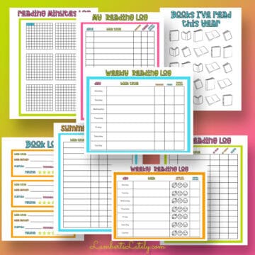 collage of reading log printables for kids.
