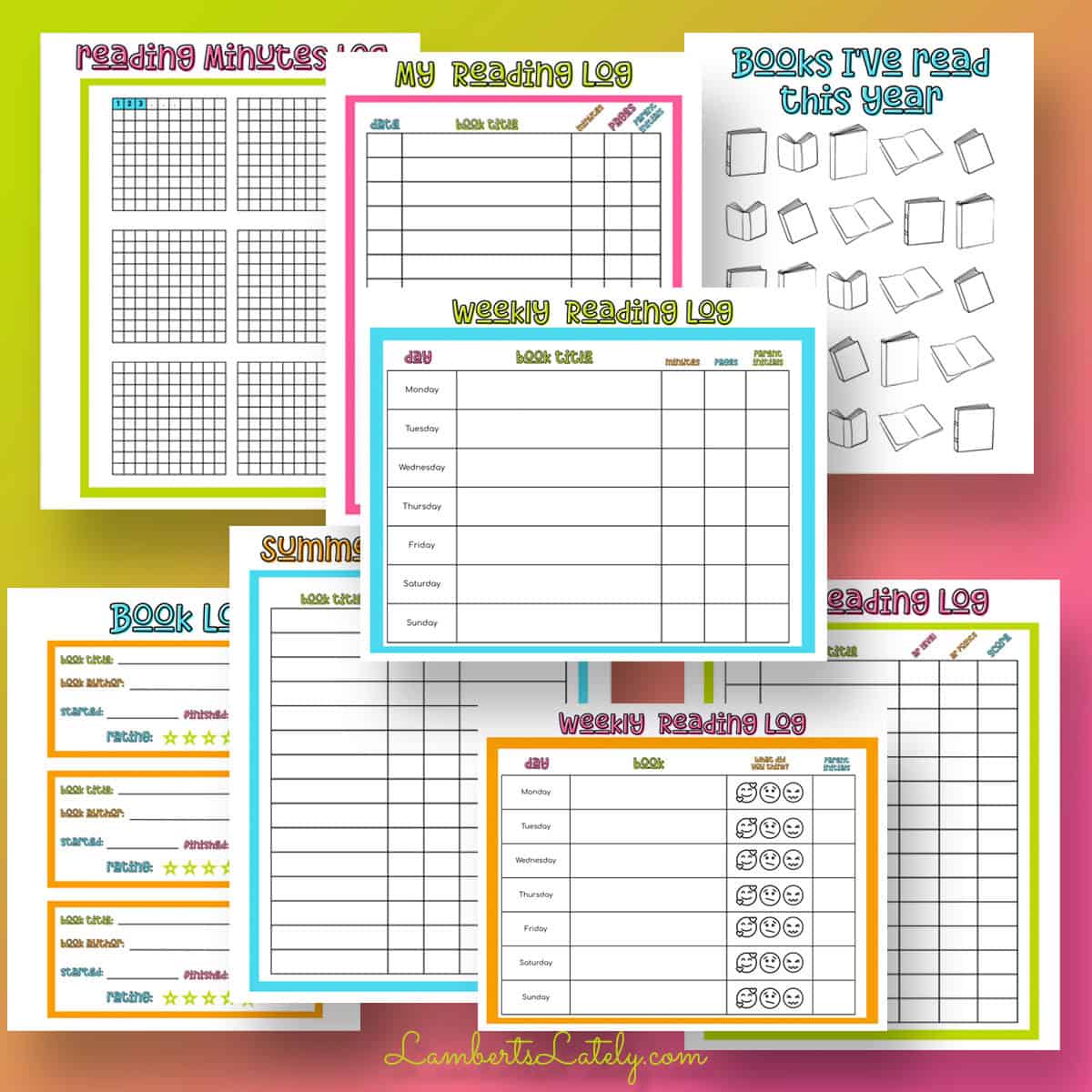 collage of reading log printables for kids.