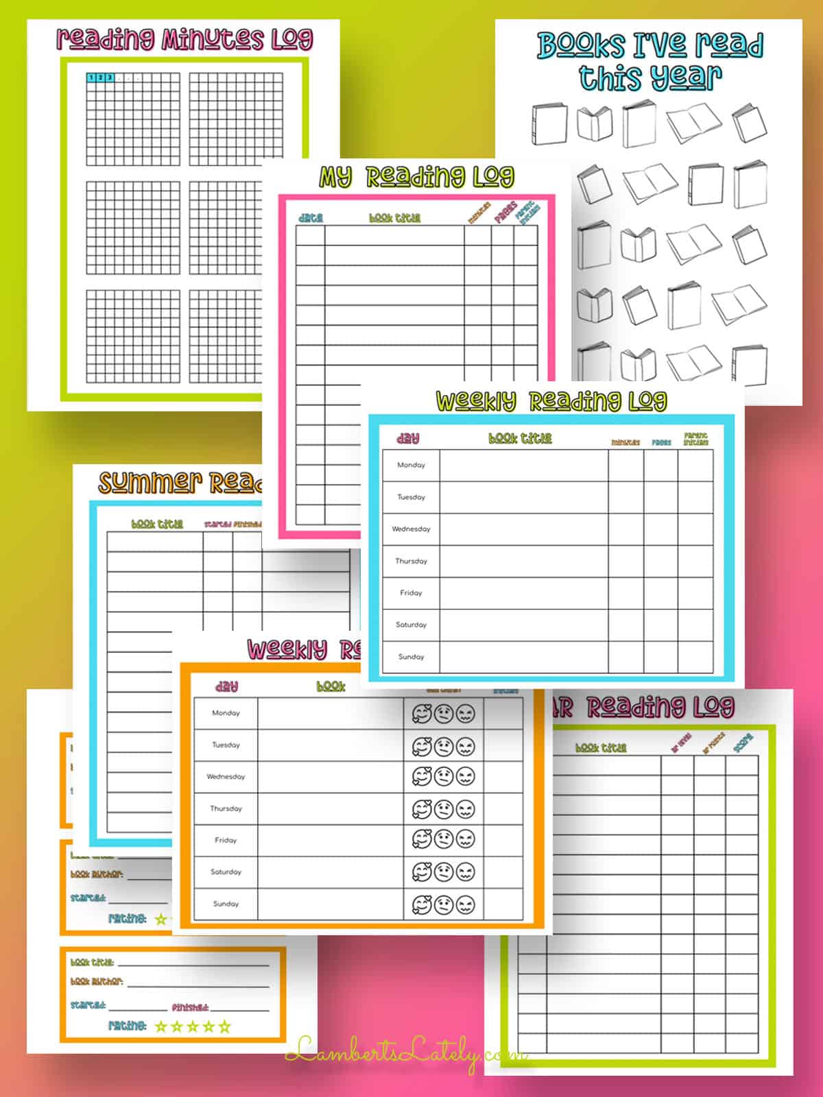 collage of printable reading logs.