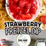 Close-up of strawberry pretzel salad dip with toppings and ingredients around it.