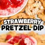 Close-up of strawberry pretzel salad dip with cookies in background.