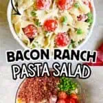 Bacon Ranch Pasta Salad with cherry tomatoes and green peas in a bowl.