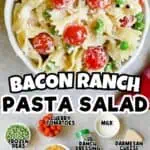 Bacon ranch pasta salad with cherry tomatoes, cheese, and green peas in a bowl.