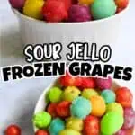 Colorful frozen sour grapes in a white bowl, vibrant and appealing.