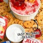 Strawberry Pretzel Salad Dip with strawberries, pretzels, and Jell-O in a bowl.