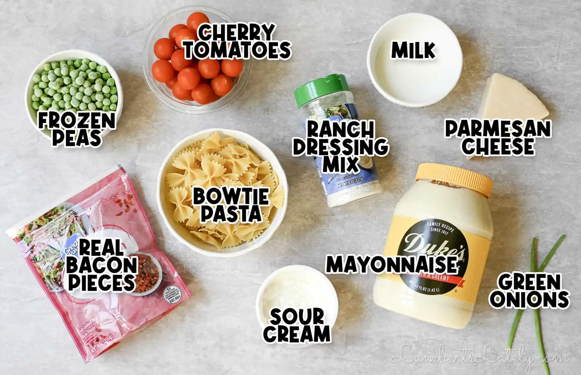 labeled ingredients for bacon ranch pasta salad.