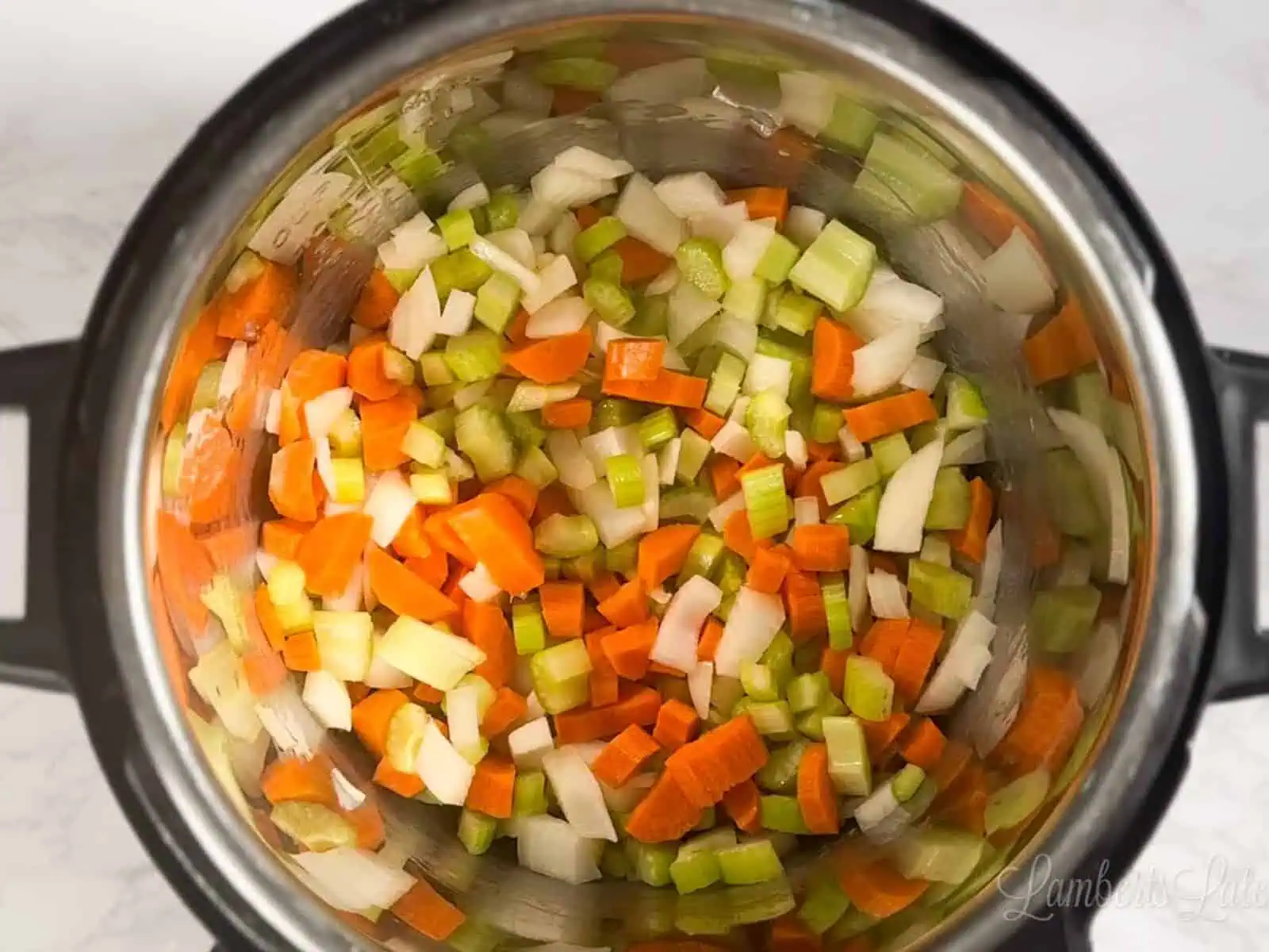 onion, carrots, and celery chopped and in an instant pot.