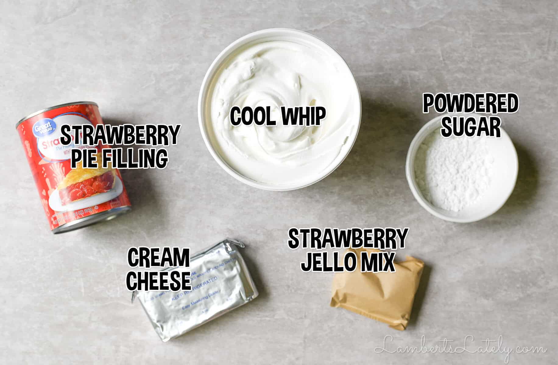 ingredients for strawberry pretzel salad dip.