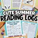 Collection of colorful printable summer reading logs and activity sheets for kids.