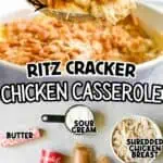 Close-up of a creamy Ritz Cracker Chicken Casserole with shredded chicken and sour cream.