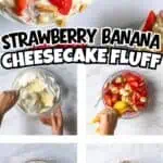 Strawberry banana cheesecake fluff in a glass bowl with fresh fruit toppings.