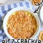 Baked Ritz Cracker Chicken Casserole with golden topping and side crackers.