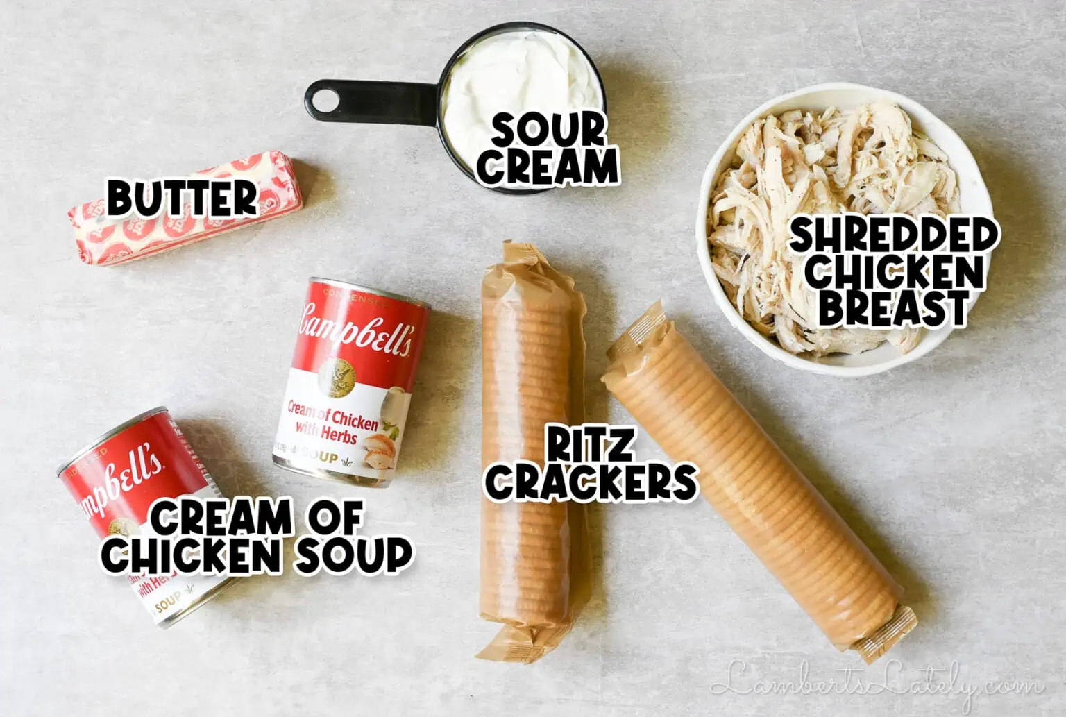 Ingredients for Ritz cracker chicken casserole, including chicken, soup, sour cream, butter, and crackers.