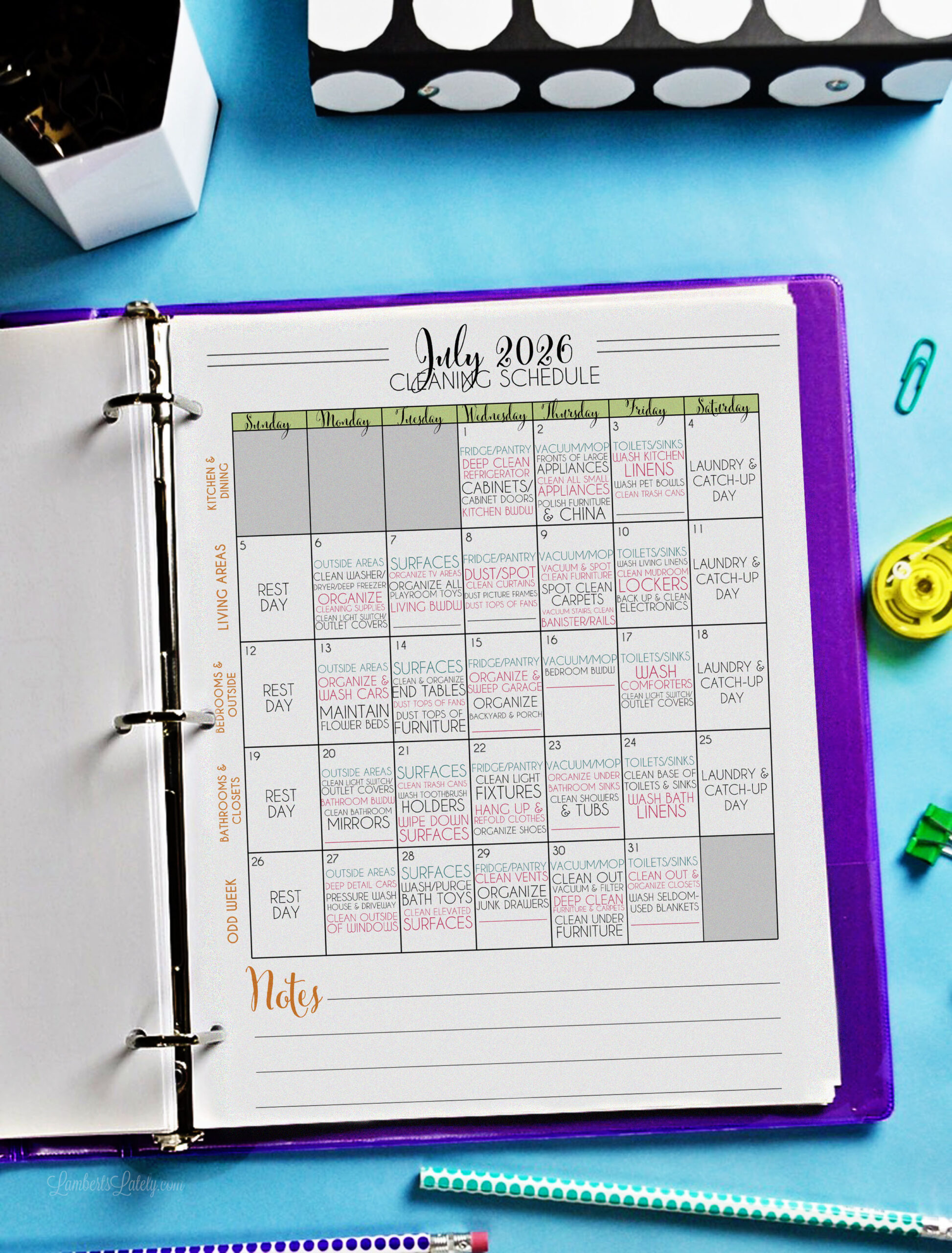 cleaning schedule printable in a notebook.