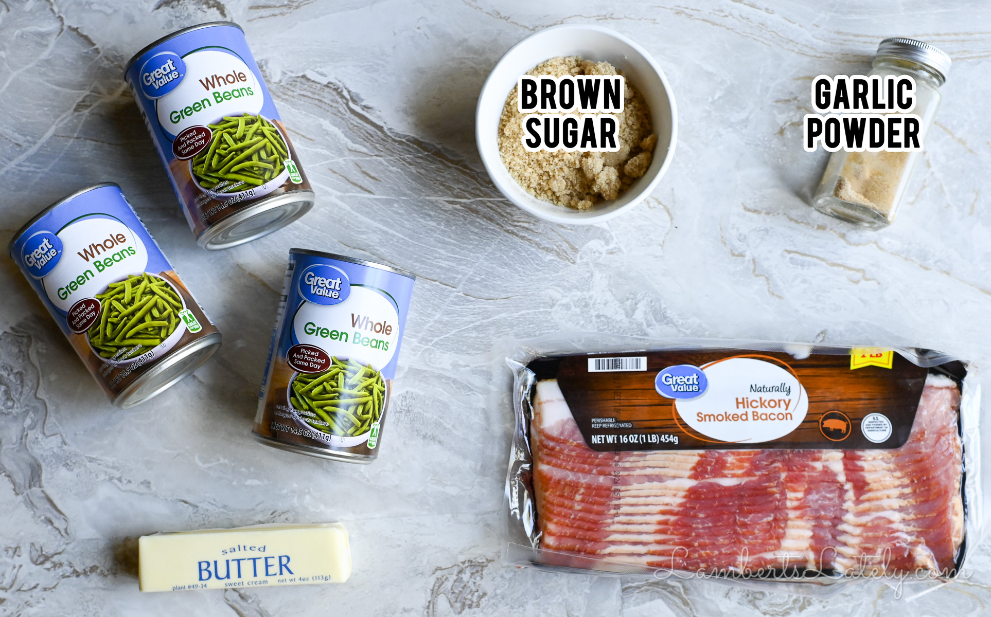 ingredients for green bean bundles (bacon, brown sugar, green beans, garlic powder, butter).