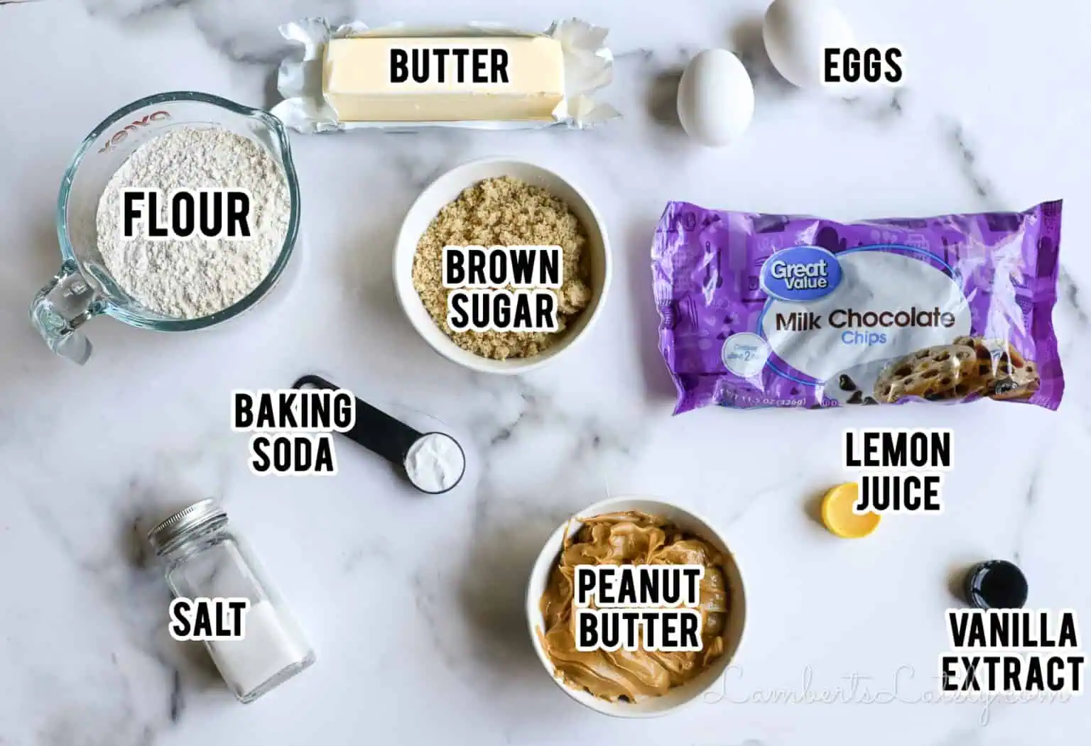 ingredients for peanut butter chocolate chip cookies.