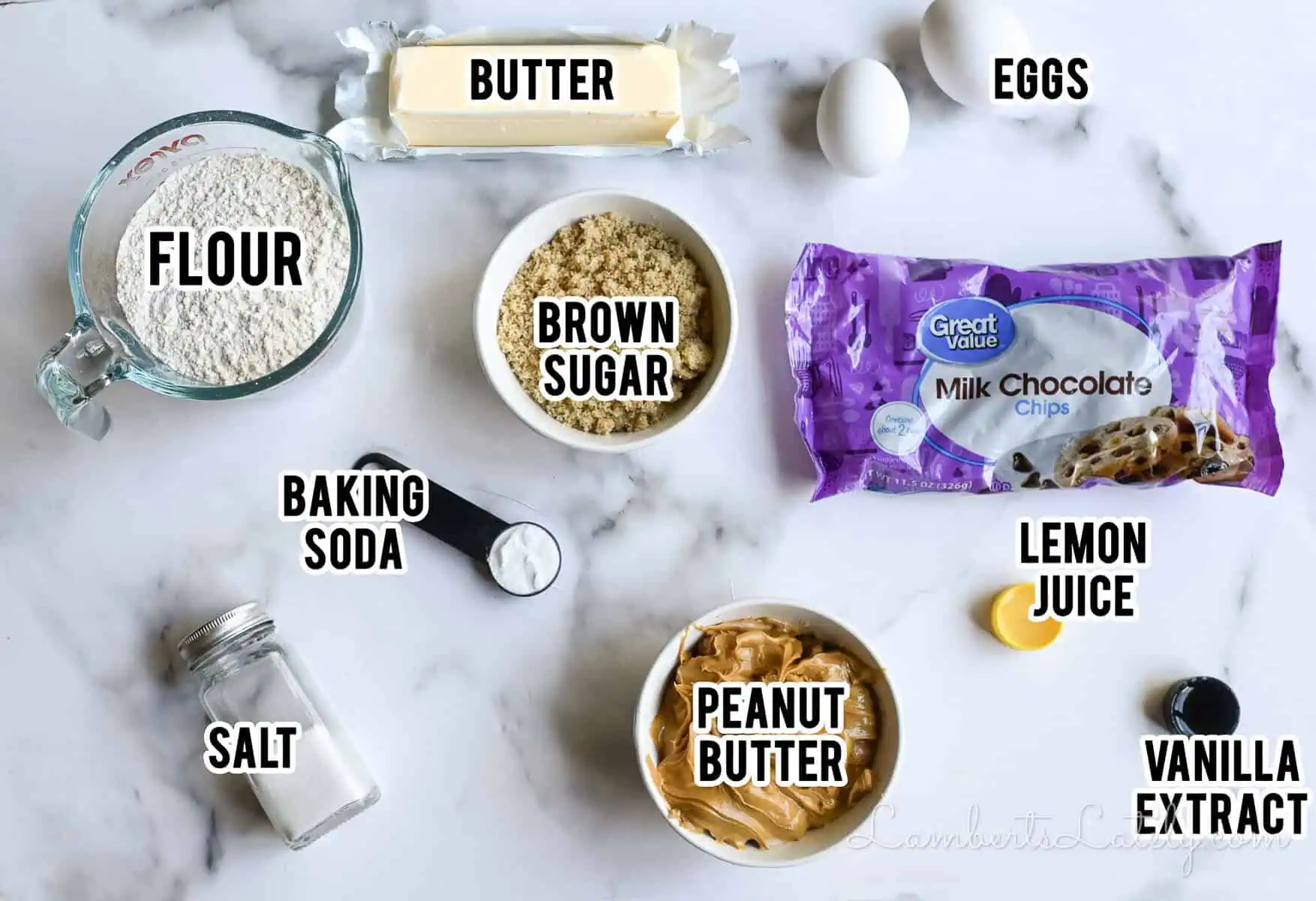 ingredients for peanut butter chocolate chip cookies.
