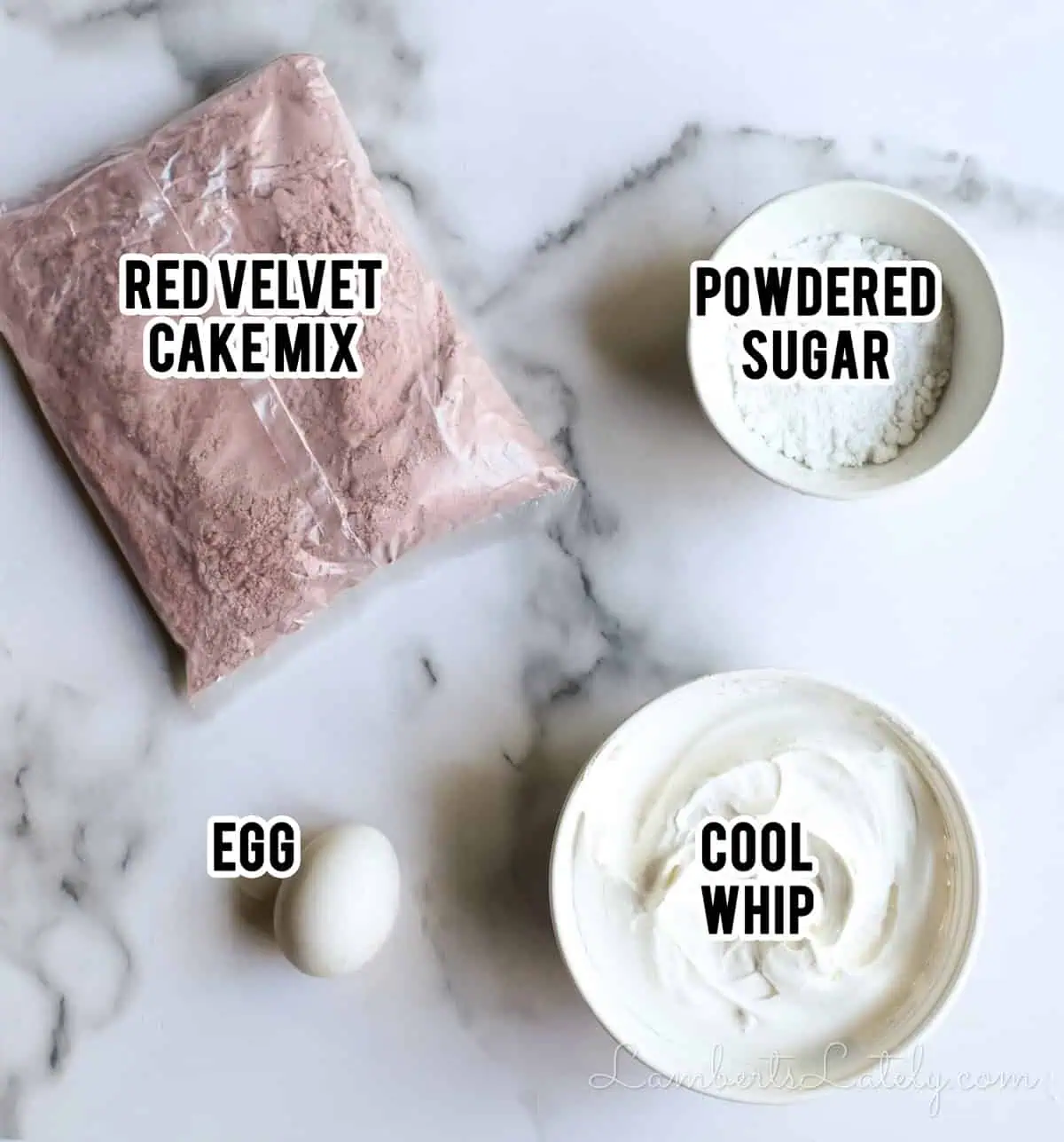 ingredients for red velvet cool whip cookies (cake mix, powdered sugar, egg, cool whip).