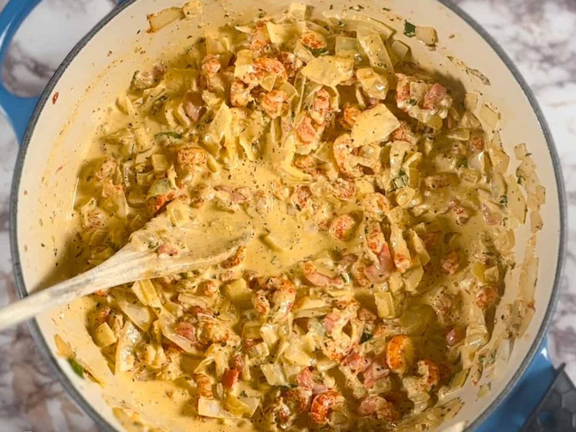filling for crawfish bread in a pot.