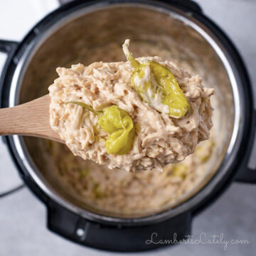 holding a spoonful of creamy mississippi chicken above an instant pot.