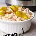 Creamy Mississippi Chicken served in a white bowl with pickles, easy Instant Pot recipe.