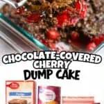 Chocolate-covered cherry dump cake with a spoonful served in a glass dish.