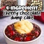 Cherry chocolate dump cake with mashed potatoes and ingredients in bowls.