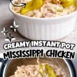 Creamy Mississippi Chicken in a bowl with pickles, close-up shot.