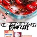 Cherry Chocolate Dump Cake with boxed brownie mix and cherries in a glass dish.