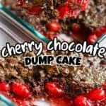 Close-up of cherry chocolate dump cake with a spoonful showing cherries and chocolate topping.