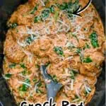 Crock Pot Marry Me Chicken Meatballs in slow cooker with herbs and cheese.