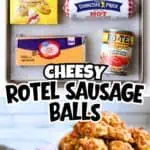 Rotel sausage balls with cheese, cream cheese, and baking ingredients on a tray.