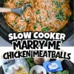 Slow cooker Marry Me Chicken meatballs with cheese and herbs in a crock pot.