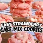 Stack of pink strawberry cake mix cookies with white chocolate chips on cooling rack.