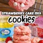 Close-up of pink strawberry cake mix cookies with white chocolate chips on a wire rack.