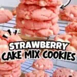 Stack of pink strawberry cake mix cookies with white chocolate chips on cooling rack.