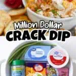 Close-up of a bowl of crack dip with shredded cheese, bacon bits, and green onions.