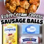 Close-up of Rotel cream cheese sausage balls with ingredients below.