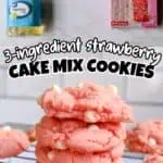 Strawberry cake mix cookies with ingredients on a white background.