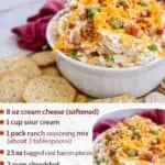 Close-up of creamy crack dip with shredded cheese, green onions, and bacon pieces in a bowl.