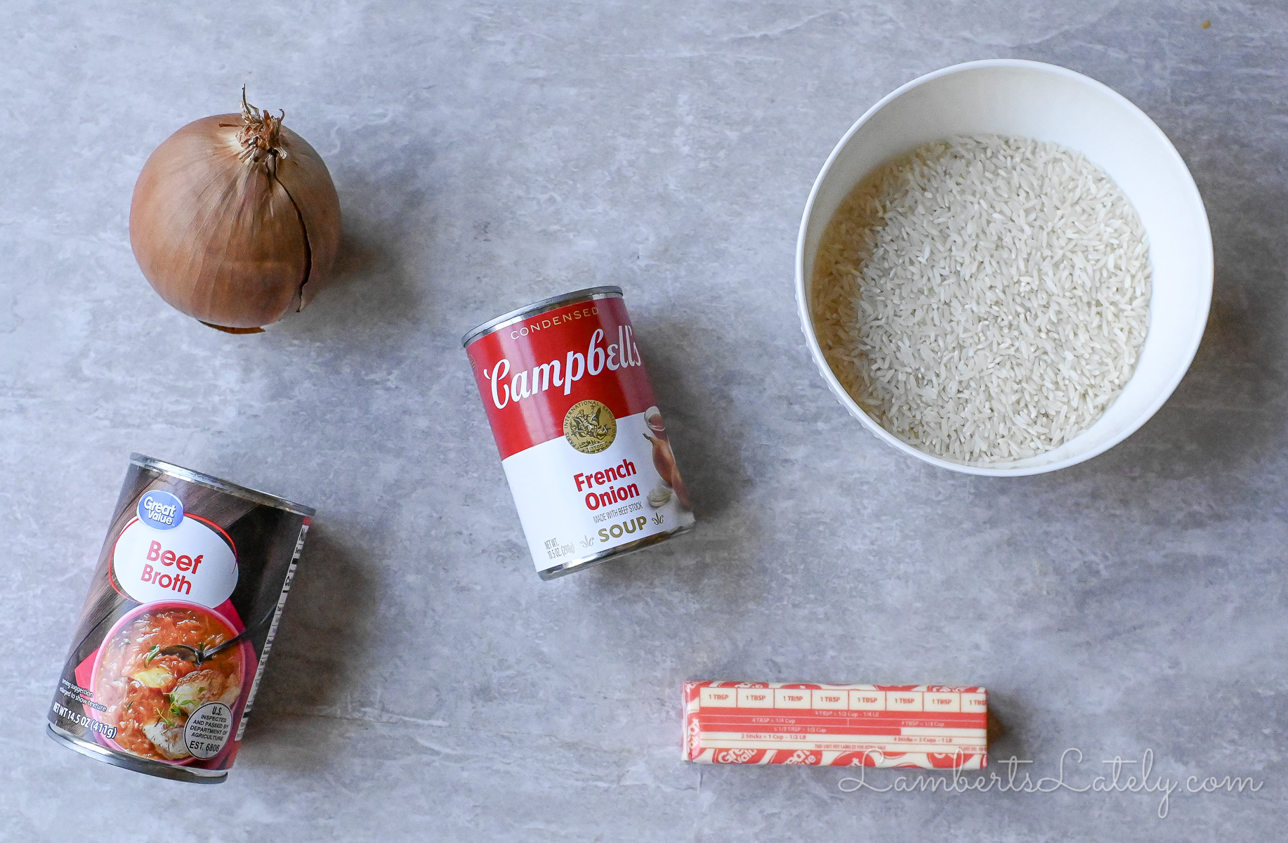 ingredients for french onion rice.
