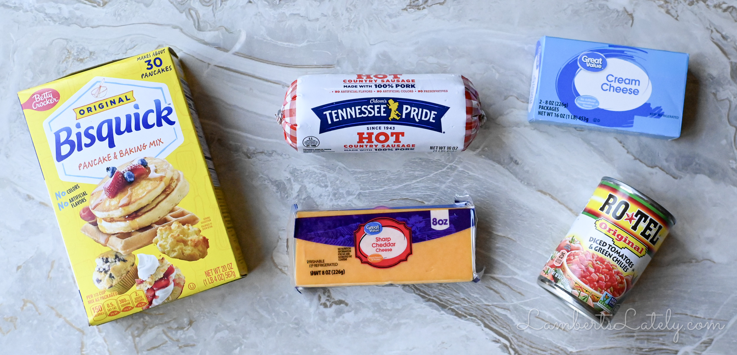 ingredients for rotel cream cheese sausage balls; rotel, cream cheese, bisquick, cheddar cheese, and hot breakfast sausage.