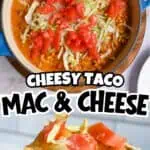 Cheesy taco mac and cheese in a skillet with fresh tomatoes and lettuce.