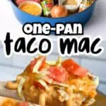 Ingredients for One-Pot Taco Mac & Cheese in a blue bowl with a cheesy pasta dish below.