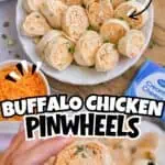 Buffalo chicken pinwheels on a white platter with dipping sauce and cheese in background.