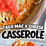 Close-up of Taco Mac & Cheese casserole with fresh tomatoes and cheese topping.