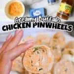 Creamy buffalo chicken pinwheels with shredded cheese and green onions.