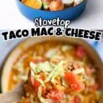 Ingredients for Taco Mac & Cheese in a blue pot with a spoonful of finished dish.